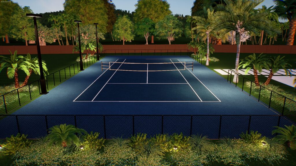 Sleek tennis court design rendering, showcasing expert craftsmanship for tennis court construction.